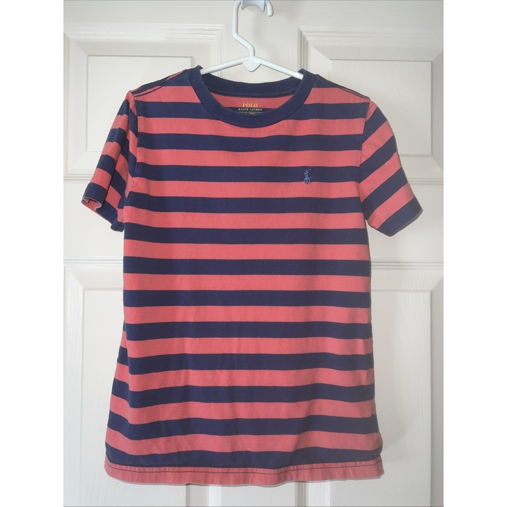 Polo Ralph Lauren Boys size 7 Coral  Blue Stripe Short Sleeve Back To School
